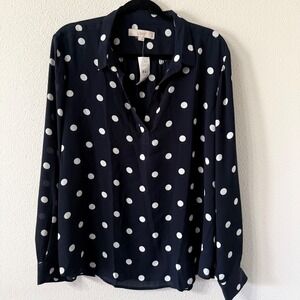 LOFT Navy Blue White Polka Dot Split Neck Long Sleeve Blouse XL New With Tags